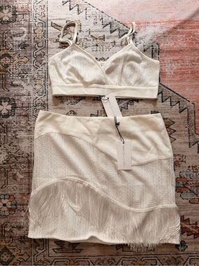 Ivory Fringe Two-Piece Set - Bralette & Mini Skirt